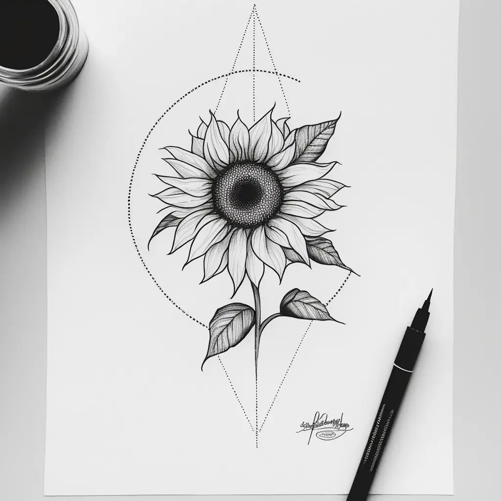 sunflower tattoo design, lines, minimal, black and white, white background